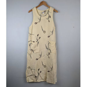 Vintage Linen Midi Dress Floral Tulips Pastel Yellow Pockets Made in USA Size S
